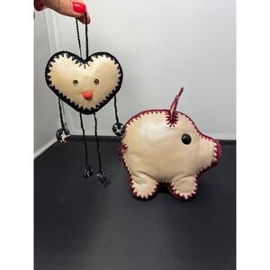 Handmade Leather Pig Ornament and Heart Keychain Cute Quirky Decor folk art stye